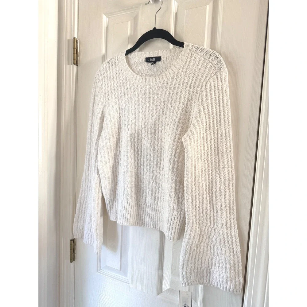 Paige Ambrosia Crewneck Sweater‎ White Ribbed Cotton Knit 8888G23-1165 SMALL
